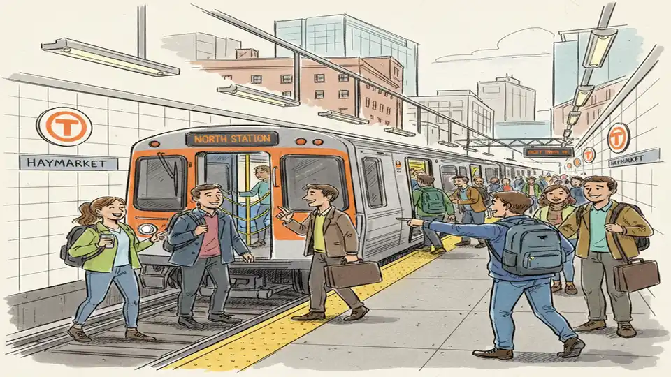 MBTA subway train at Boston station platform with passengers boarding
