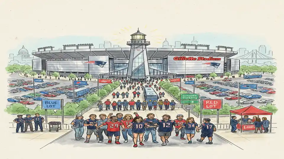 Gillette Stadium exterior with transit infrastructure and crowd gathering