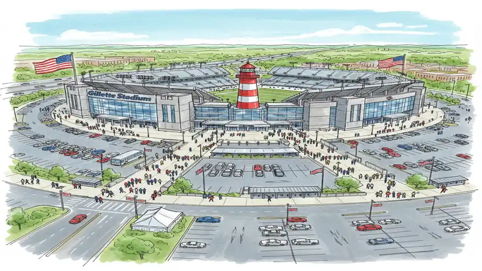 Gillette Stadium exterior with transit infrastructure and crowd management areas visible