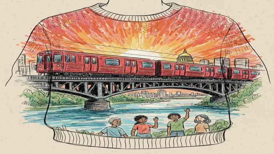 Close-up detail of hand-knit MBTA Red Line train crossing Charles River on sweater with sunset colors in background