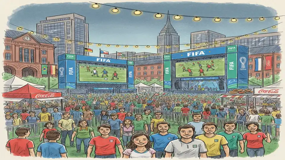 Large outdoor FIFA Fan Fest venue with crowds, screens, and festival atmosphere in urban setting