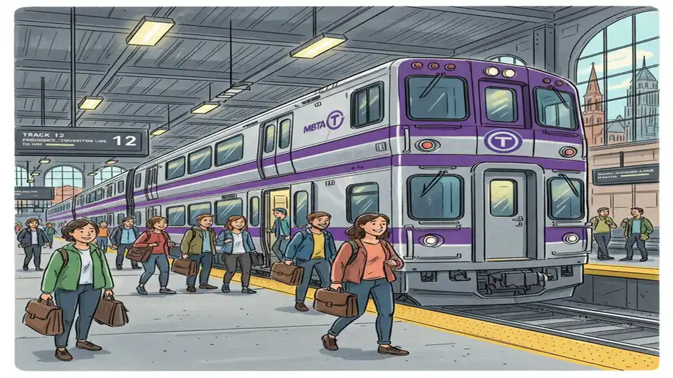 MBTA commuter rail train at South Station platform with passengers boarding