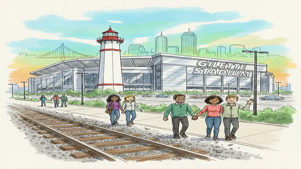 Gillette Stadium exterior with commuter rail tracks in foreground