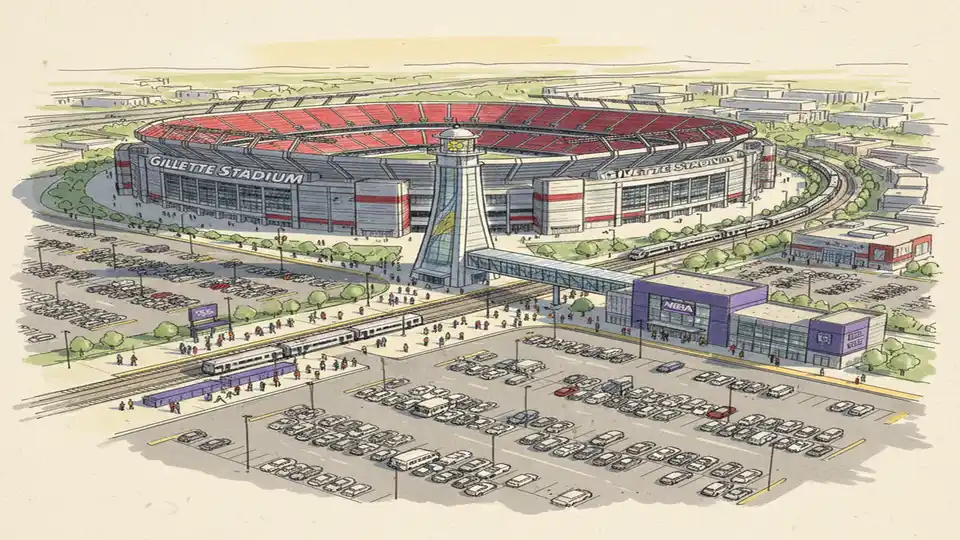 Gillette Stadium exterior with clear signage and transit access points visible, showing scale of venue and surrounding infrastructure. Alt text: Gillette Stadium Boston World Cup 2026 venue MBTA Commuter Rail access. Composition: Elevated perspective showing stadium facade, parking areas, and transit connections, emphasizing venue's accessibility for international soccer tournament.