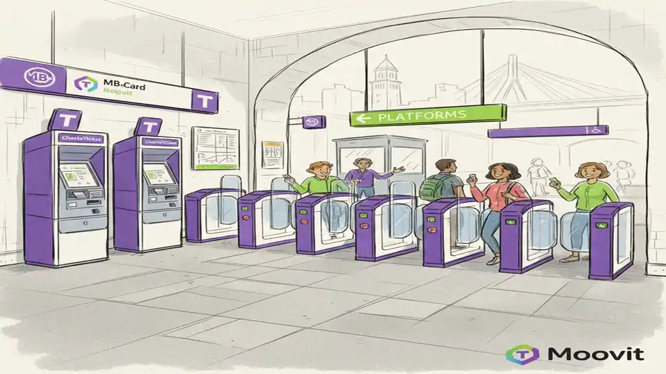 MBTA commuter rail fare gates and ticket machines at station entrance