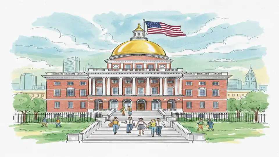 Massachusetts State House building exterior with golden dome and American flag