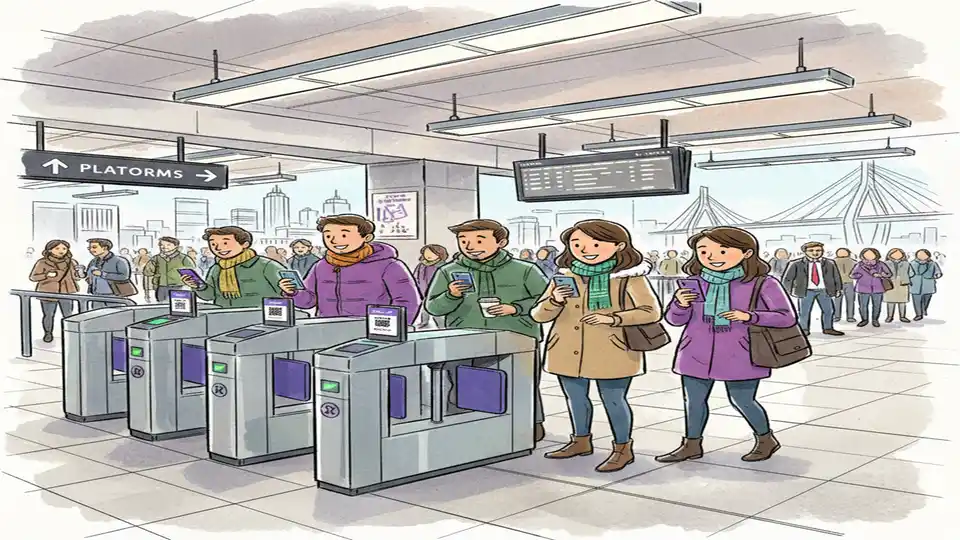 Passengers using mobile phones to display mTicket app boarding passes at commuter rail station entrance gate