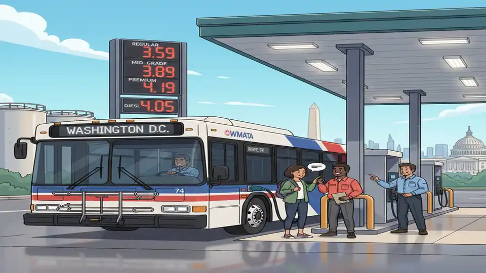 Transit bus at fueling station with gas price display visible in background