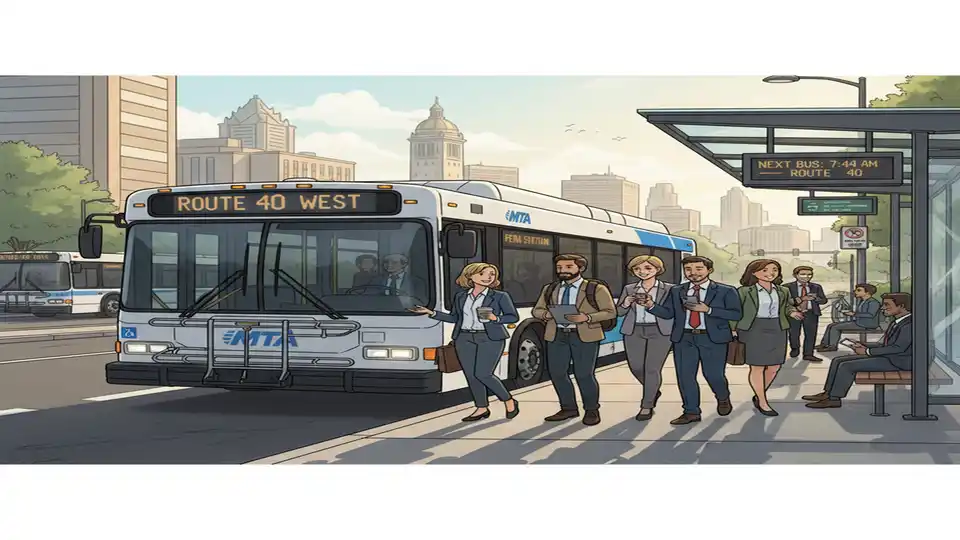 Commuters boarding public transit bus at station during morning rush hour in Maryland