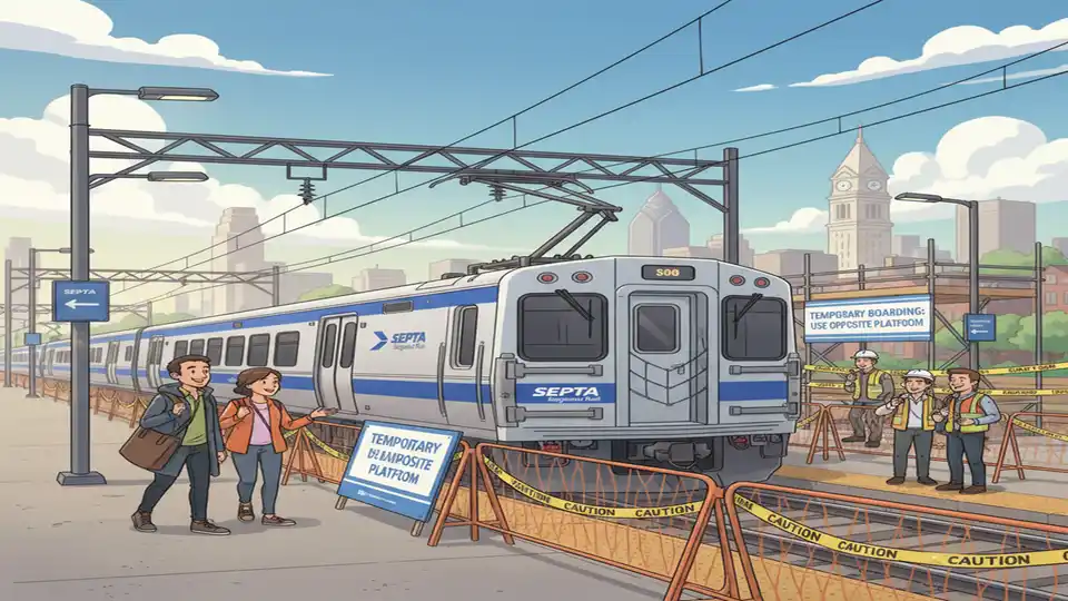 SEPTA Regional Rail train at station platform showing opposite side boarding configuration during construction period