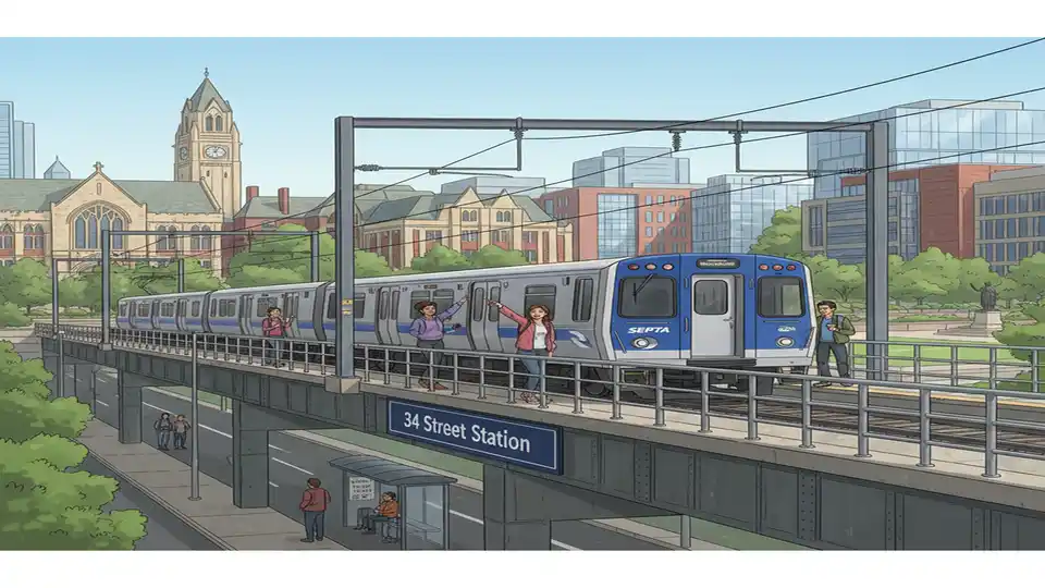 SEPTA Market-Frankford Line train at 34th Street Station with University of Pennsylvania campus visible in background