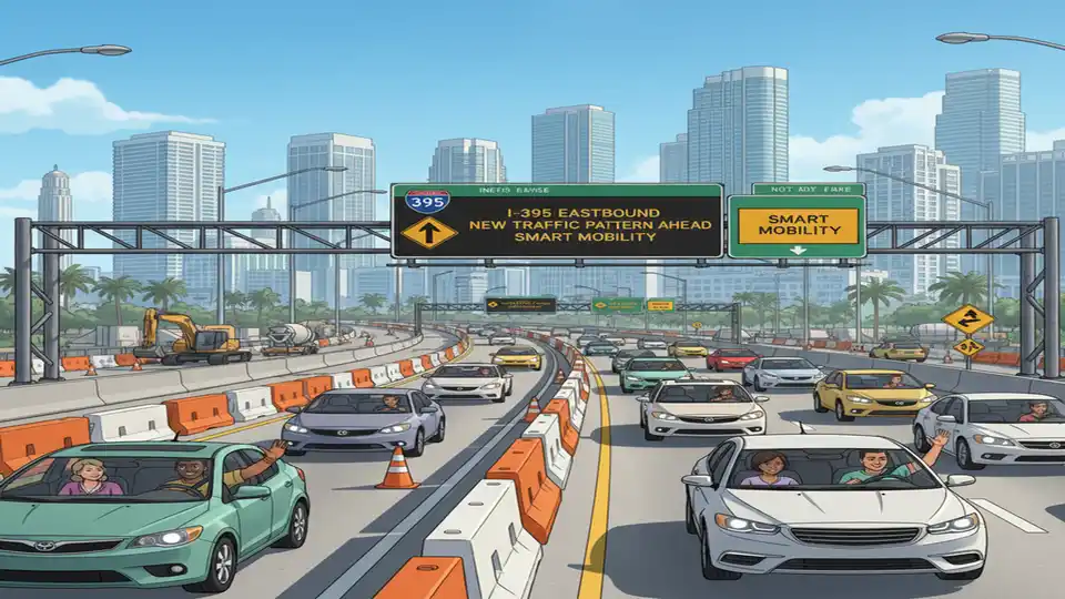 Traffic congestion and lane shifts on Interstate 395 in downtown Miami during ongoing bridge reconstruction with construction barriers and detour signs
