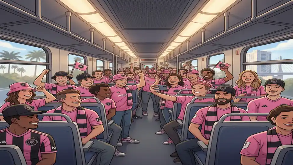 Crowded Tri-Rail train interior with Inter Miami fans in team colors standing and seated
