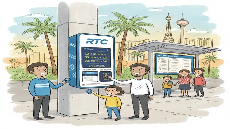 RTC fare card reader and bus pass display showing pricing options at Las Vegas transit station