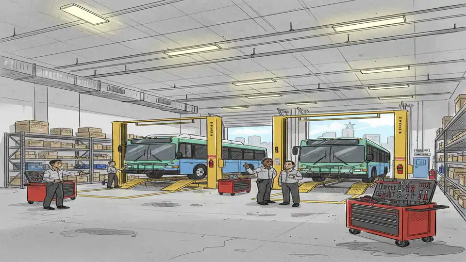 Interior of transit maintenance bay showing bus lift equipment, tool stations, and parts storage shelving systems