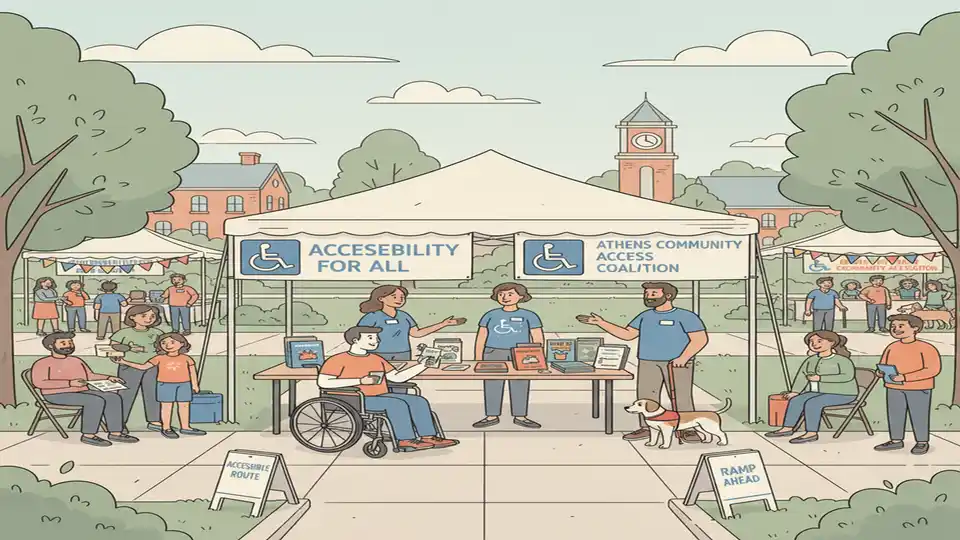 Information booth with accessibility advocates speaking with community members at outdoor civic event