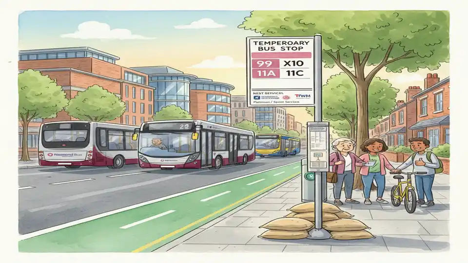 Temporary bus stop sign with route number posted on urban street with buses in background