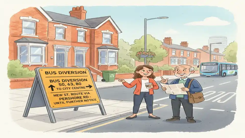 Bus route diversion sign on a Birmingham street showing alternative directions with residential buildings in the background