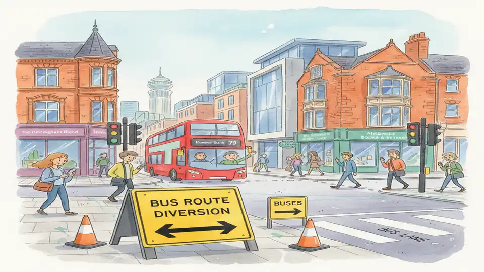 Bus route diversion sign at Birmingham intersection with directional arrows