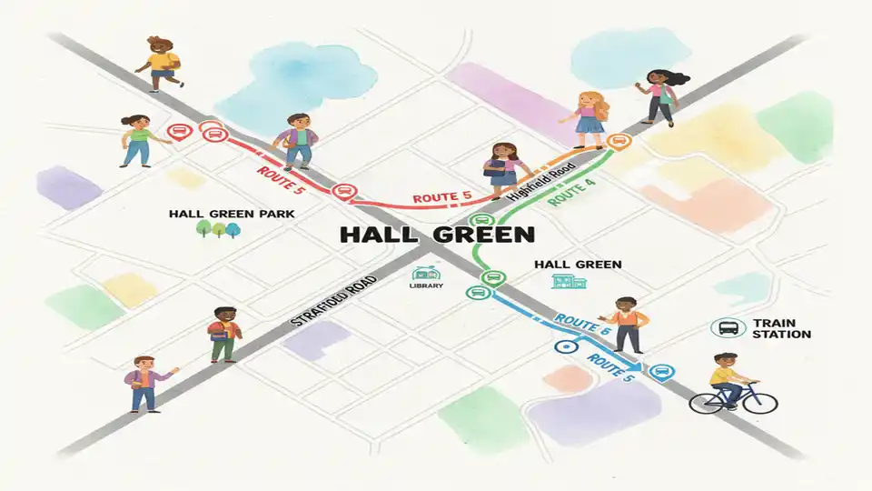 Birmingham bus route map showing street intersection with Stratford Road and Highfield Road in Hall Green neighborhood