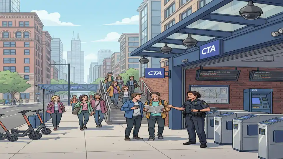 CTA station entrance with security cameras and transit police officer on patrol