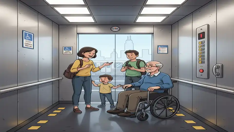 CTA elevator interior at downtown rail station showing accessibility signage and control panel, representing typical Chicago Transit Authority elevator infrastructure