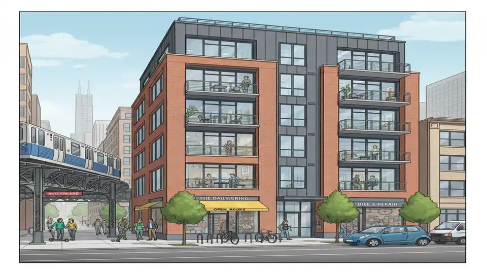 Seven-story mixed-use residential building near elevated train station with ground-floor retail and minimal street parking