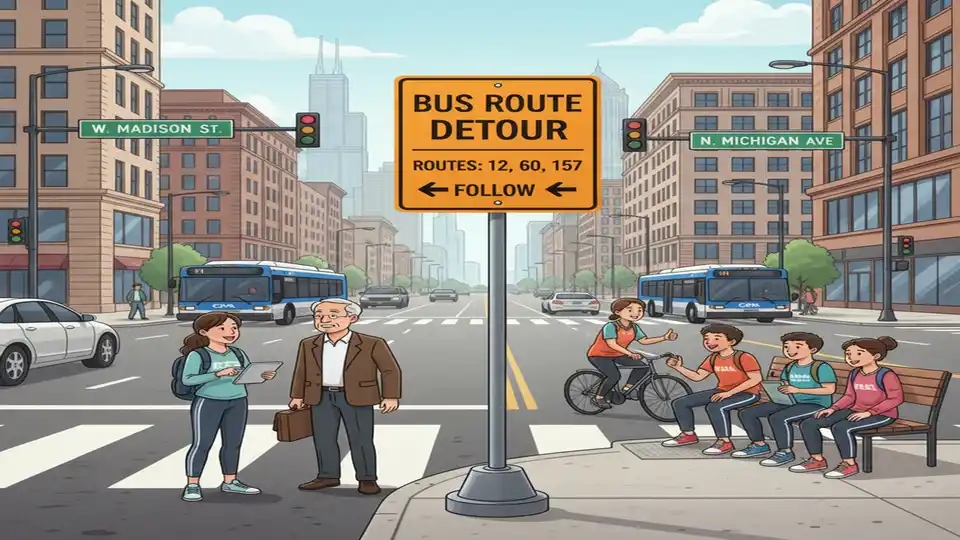 Chicago bus route detour sign at urban intersection with traffic and street signs visible