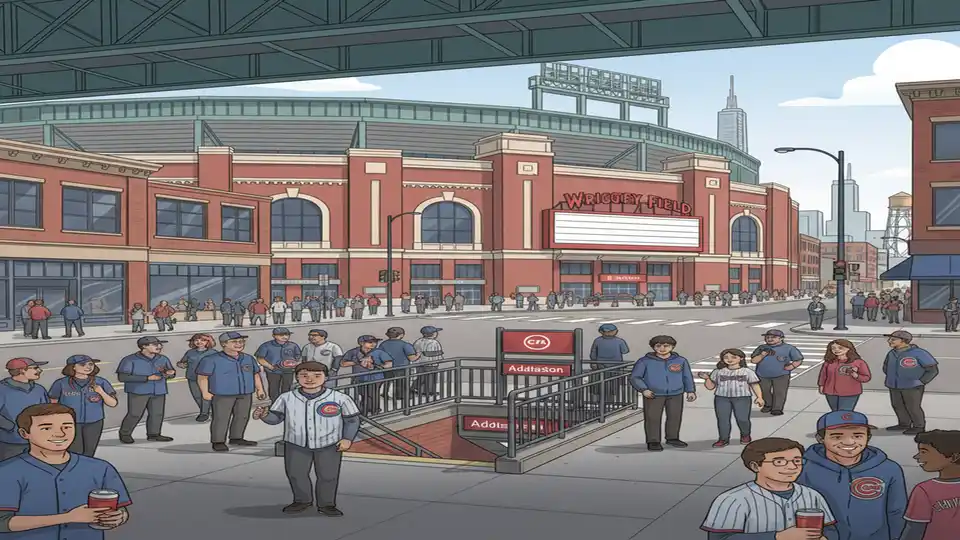 Wrigley Field exterior with CTA Red Line station entrance visible in foreground