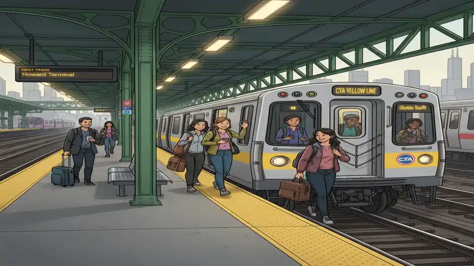CTA Yellow Line train at Howard station platform with passengers boarding