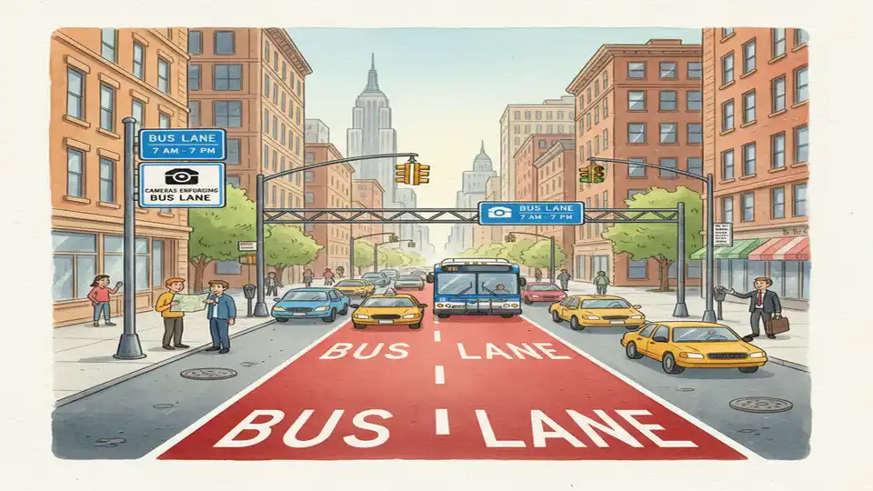 New York City bus lane with clear signage indicating automated camera enforcement zone