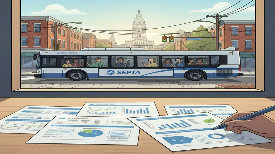 SEPTA bus on city street with fiscal budget documents visible in foreground