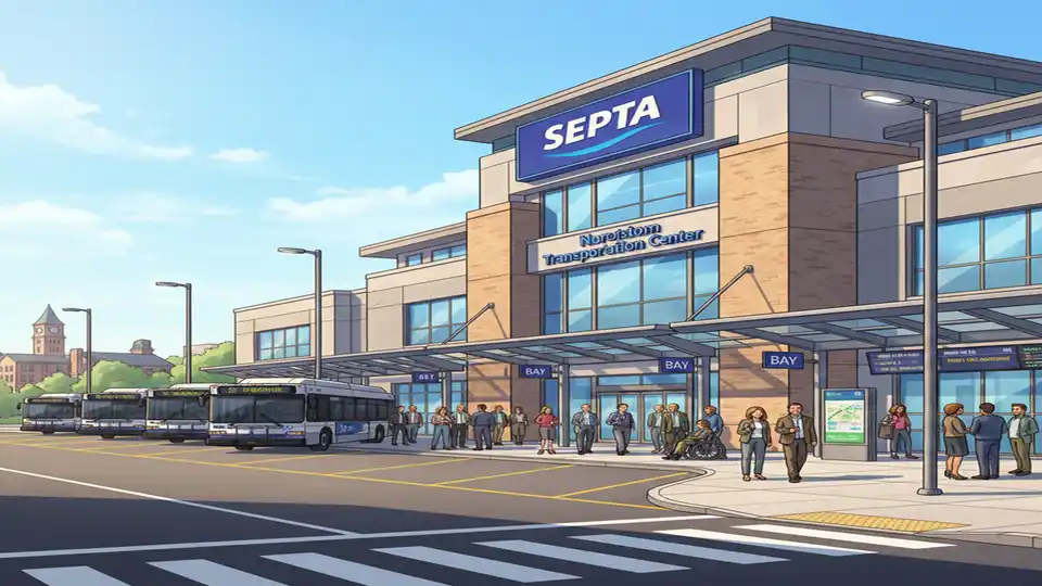 Norristown Transit Center exterior showing main entrance with SEPTA signage and bus bays