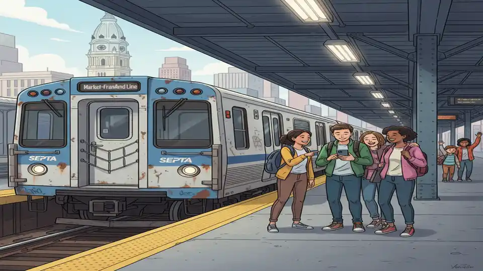 SEPTA Market-Frankford Line train at station platform showing aging rail cars