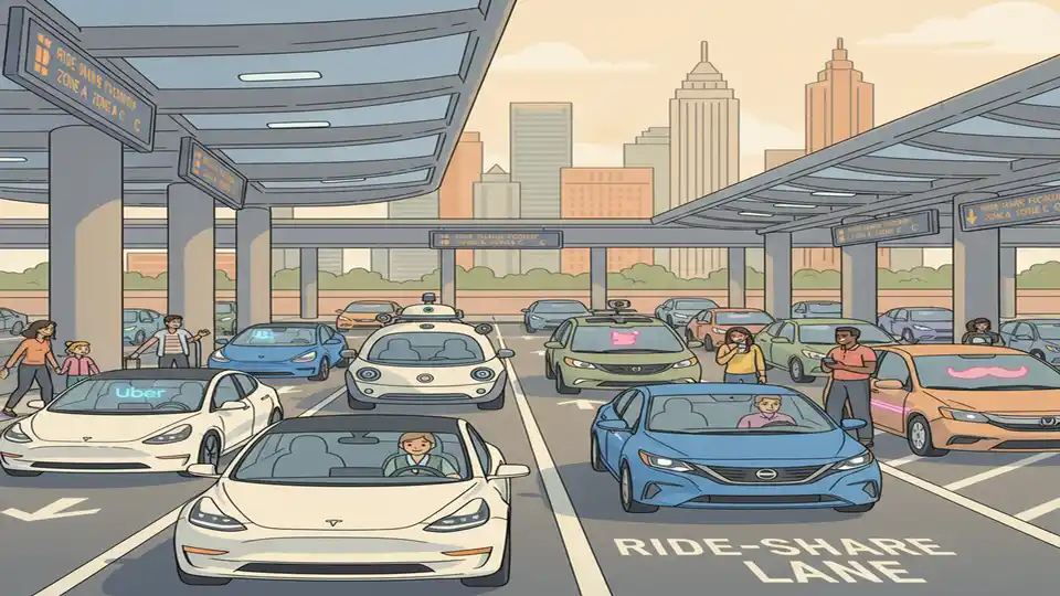 Diverse fleet of ride sharing vehicles including electric and autonomous cars at busy metropolitan transit hub
