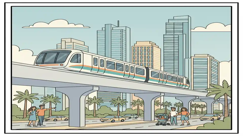 Modern automated people-mover train on elevated guideway with Miami skyline in background, showing sleek transit technology