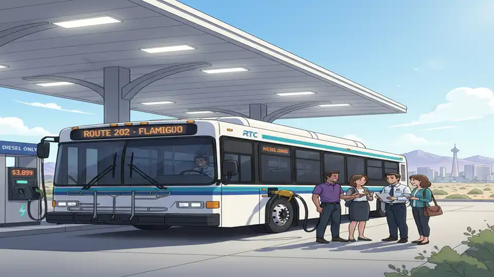 City transit bus at fuel pump station with diesel price display visible
