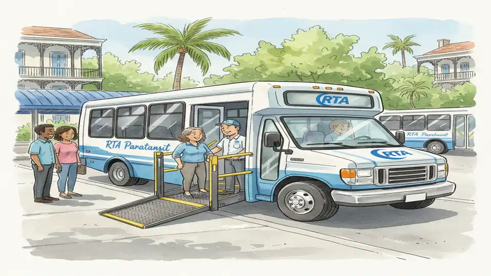 RTA paratransit accessible vehicle with wheelchair lift at New Orleans transit facility