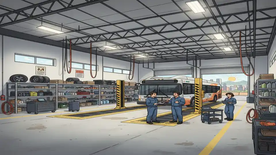 Interior of transit maintenance bay showing bus lift equipment and organized parts storage areas