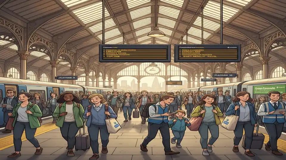 Crowded platform at London Liverpool Street station with passengers checking departure boards showing delayed and cancelled Greater Anglia services