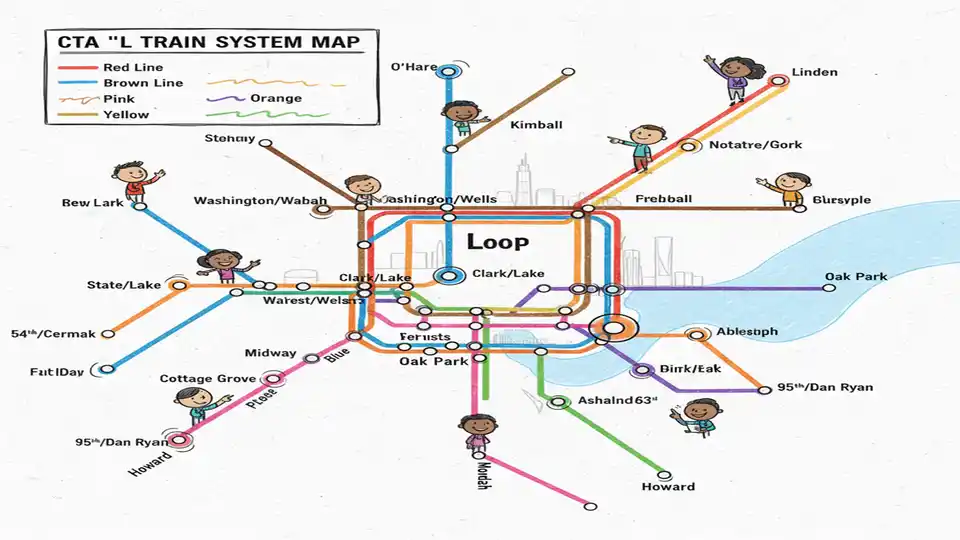 CTA rail system map showing multiple colored train lines converging at downtown Chicago stations