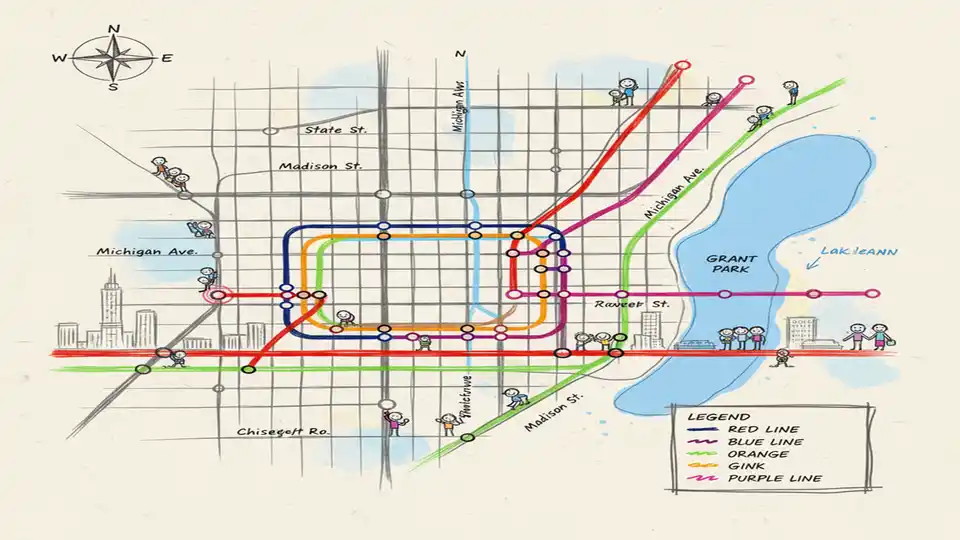 CTA route map showing downtown Chicago street grid with Michigan Avenue, State Street, and cross streets highlighted