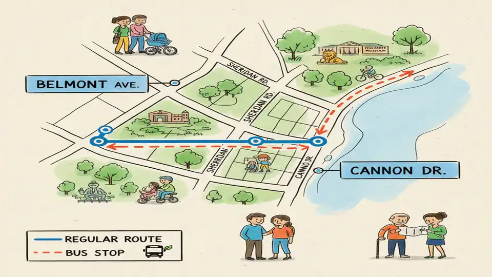 Bus route map showing detour path with street signs for Belmont, Sheridan and Cannon Drive
