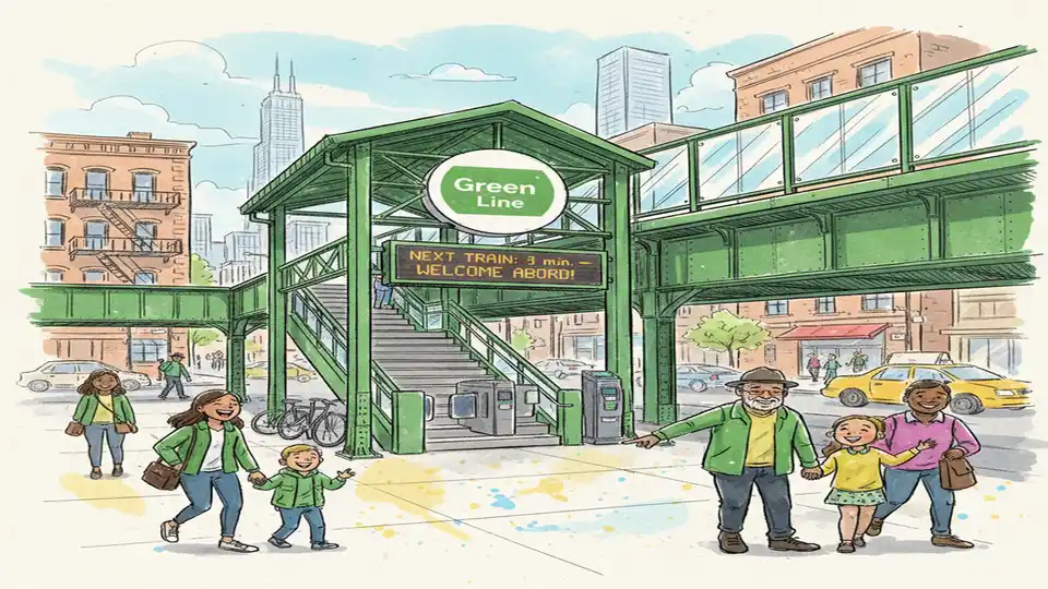CTA Green Line station entrance with service information display board