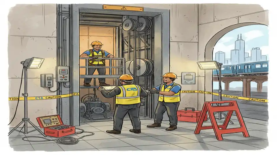 CTA maintenance crew working on elevator repair at Chicago transit station, showing elevator shaft and mechanical equipment