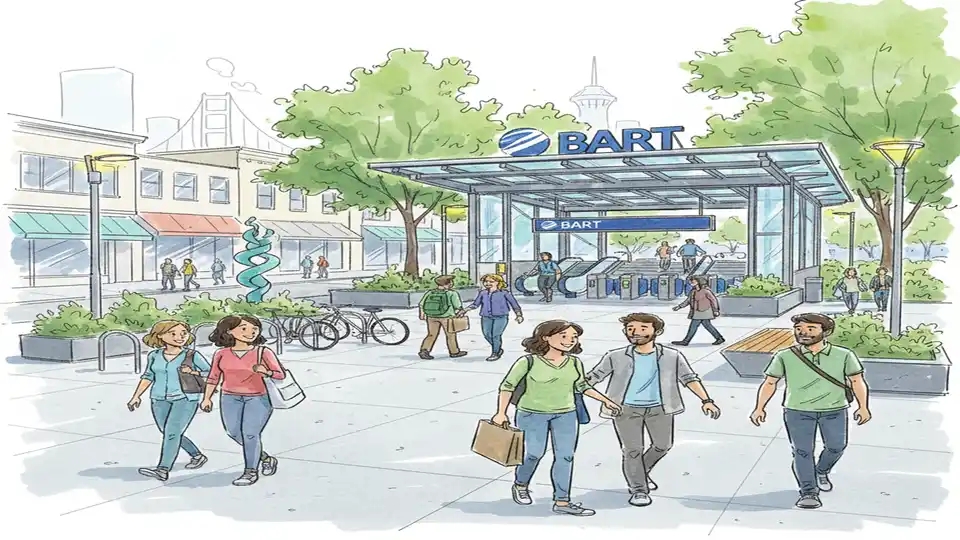Rockridge BART Plaza station entrance with renovated public space and transit riders