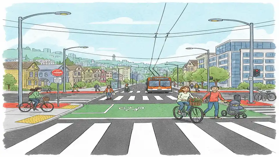 High-visibility crosswalk and pedestrian safety zone in San Francisco with Muni transit infrastructure, showing street safety improvements and urban design features