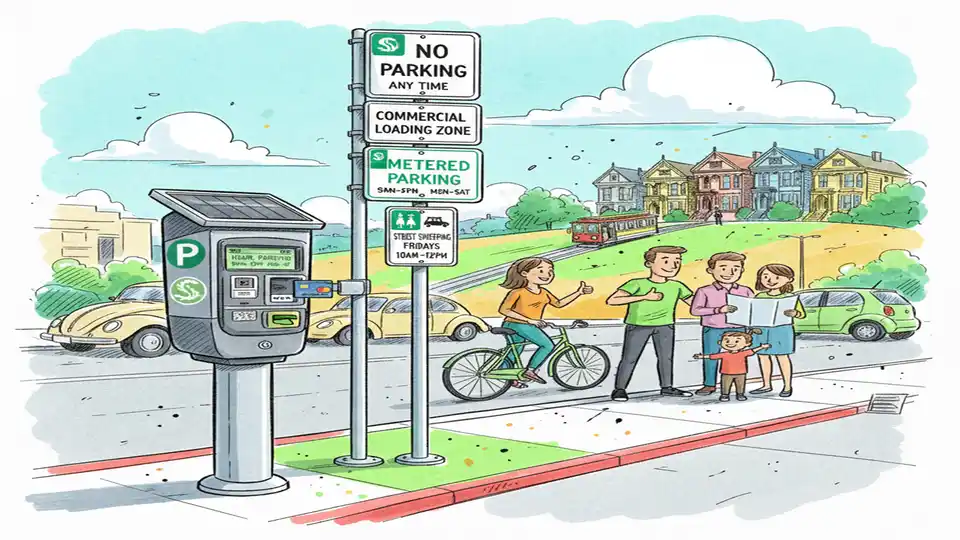 Parking meter and enforcement signage on San Francisco street with SFMTA branding visible