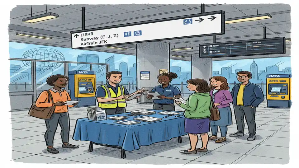 Information table at Jamaica Station with transit staff helping riders complete survey forms, with wayfinding signage and ticketing areas visible in background