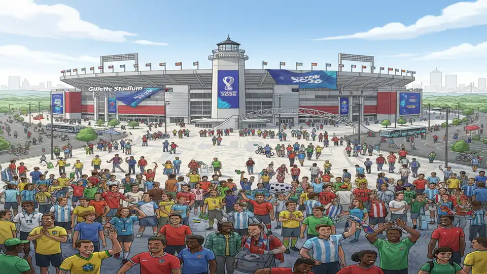 Gillette Stadium exterior with World Cup signage and crowds of fans approaching the venue